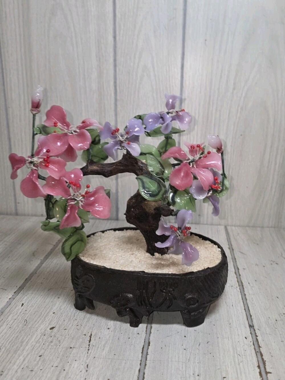 Vintage Chinese Peking Glass Jadeite Cherry Blossom Bonsai Tree Pink Purple MCM